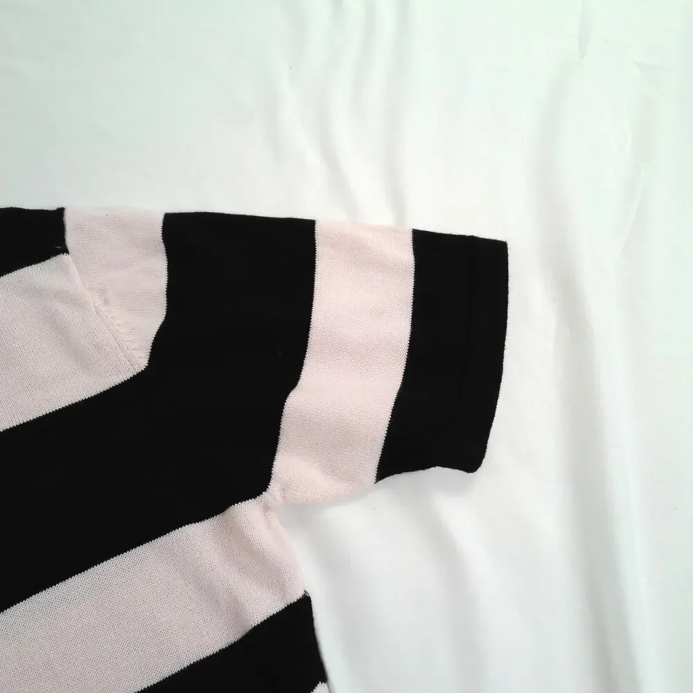 Yarnworks Women’s Medium Pink & Black Striped Knit Sweater Top Short Sleeve